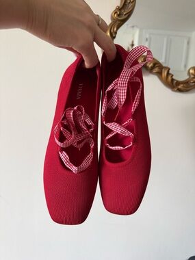 New VIVAIA Red Knit Ballet Flats with Gingham Ribbon Ties